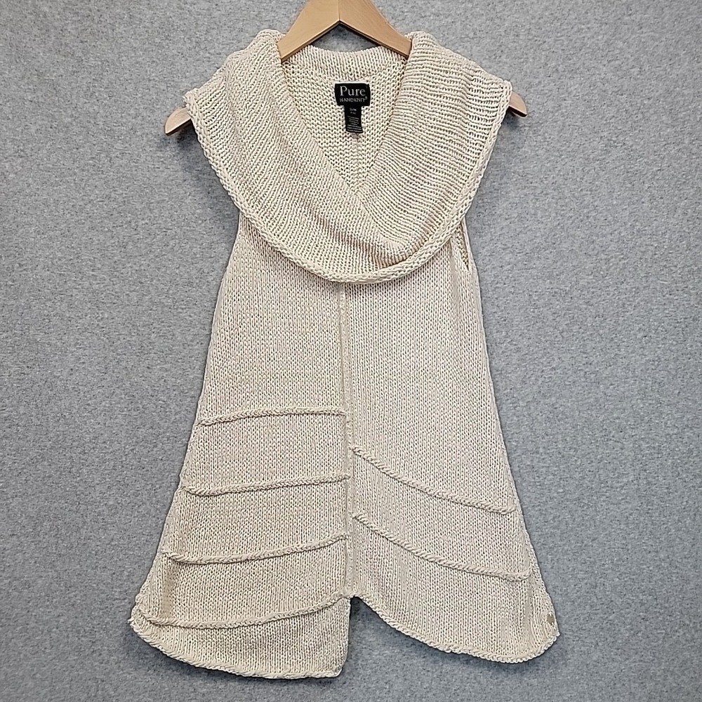 PURE HANDKNIT Women's S/M Sweater Vest Cowl Neck Long Ivory Knit Boho Lagenlook